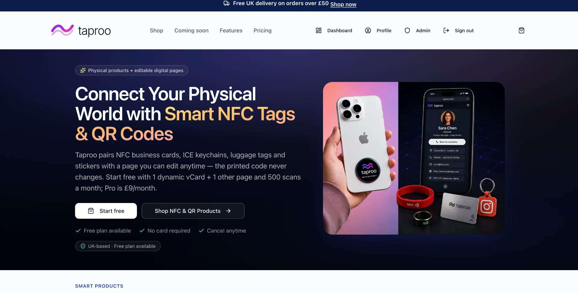 Taproo website homepage headed “Connect Your Physical World with Smart NFC Tags & QR Codes”, with NFC card, phone and keychain product photography.